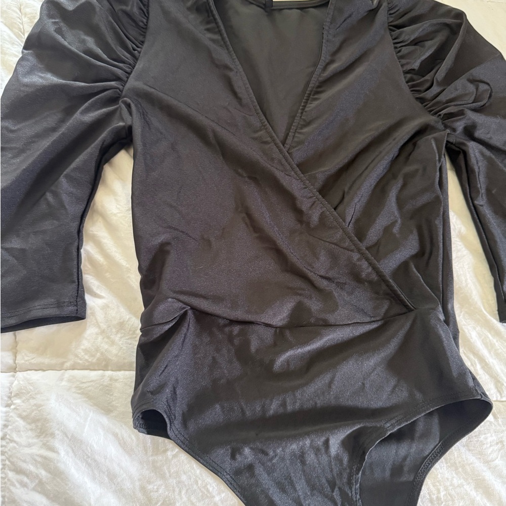 Black Wrap Bodysuit with Long Sleeves